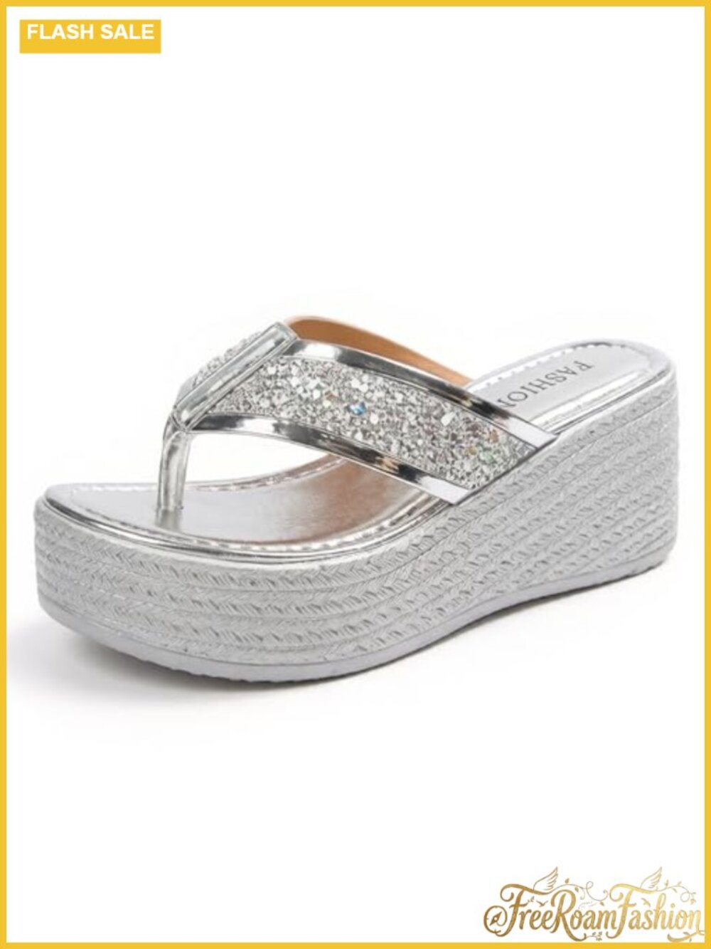 PU Wedge Platform Flip Flop Sandals Glitter Sequins Slip On Open Toe Women